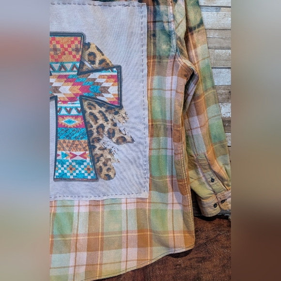 Boho Southwestern Cross Graphic Upcycled Flannel Shirt - Picture 8 of 15